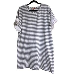 Gibson Latimer Striped T Shirt Dress Ruffle Sleeve Gray White Sz L keen Length